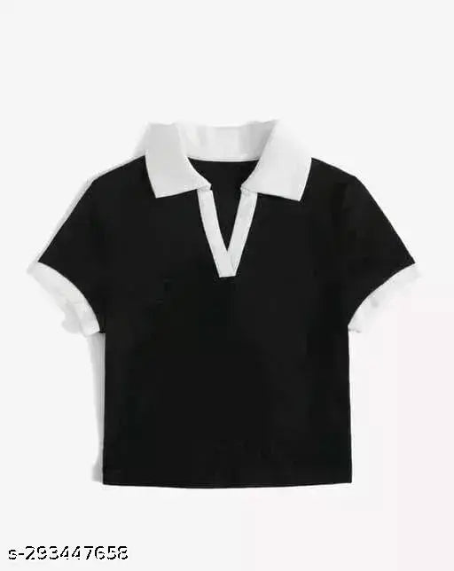 👚 Stylish White Top with Black Collar for Women & Girls | Solid Lycra Fit 👚