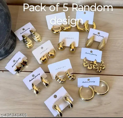 ✨ Pack of 5 Korean Style Hoop Earrings | Gold-Plated & Trendy Designs ✨