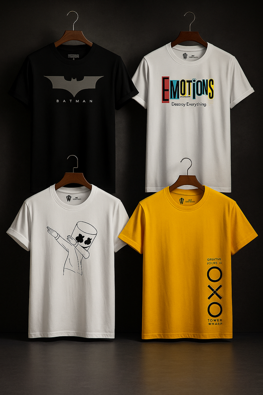 🔥 SmartFit Pack of 4 Vibrant Printed T‑Shirts 👕 | Comfort Meets Style! 🔥