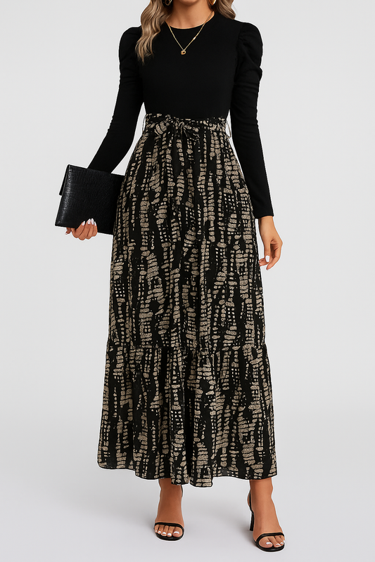 Clasi Autumn Maxi Dress 🍂👗 | Leaf Print 🌿 & Bow Tie Belt 🎀 | Elegant A-Line Skirt 💃
