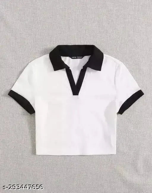 👚 Stylish White Top with Black Collar for Women & Girls | Solid Lycra Fit 👚